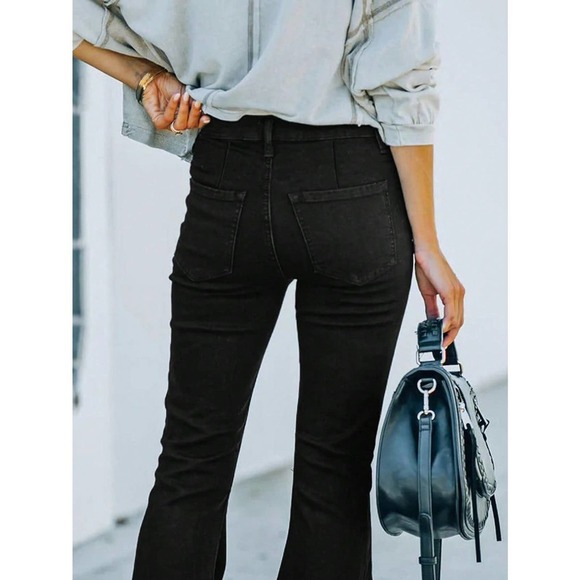 trendy Ripped distressed Raw Hem Flared Jeans black denim - Picture 4 of 5